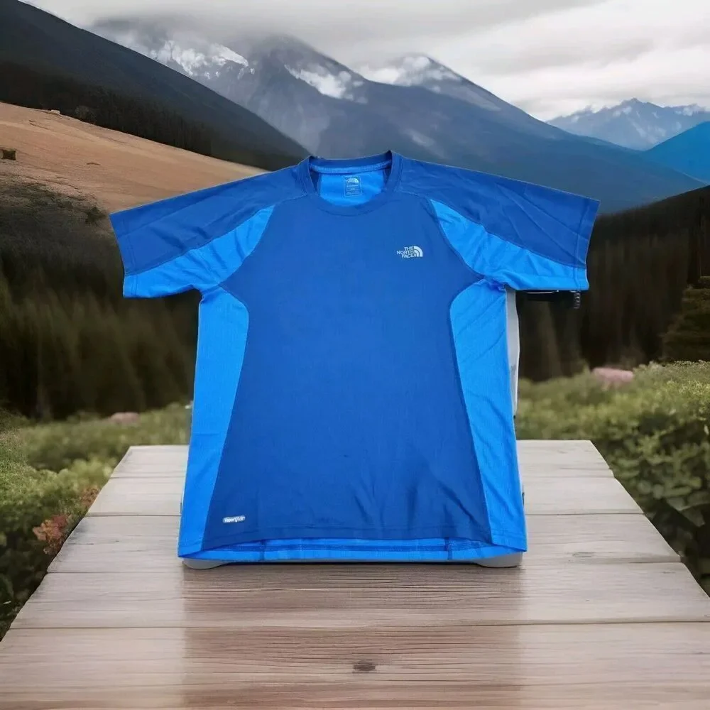 The North Face Shirt Mens Medium Blue Short Sleeve Logo Crew Neck Vapor Wick